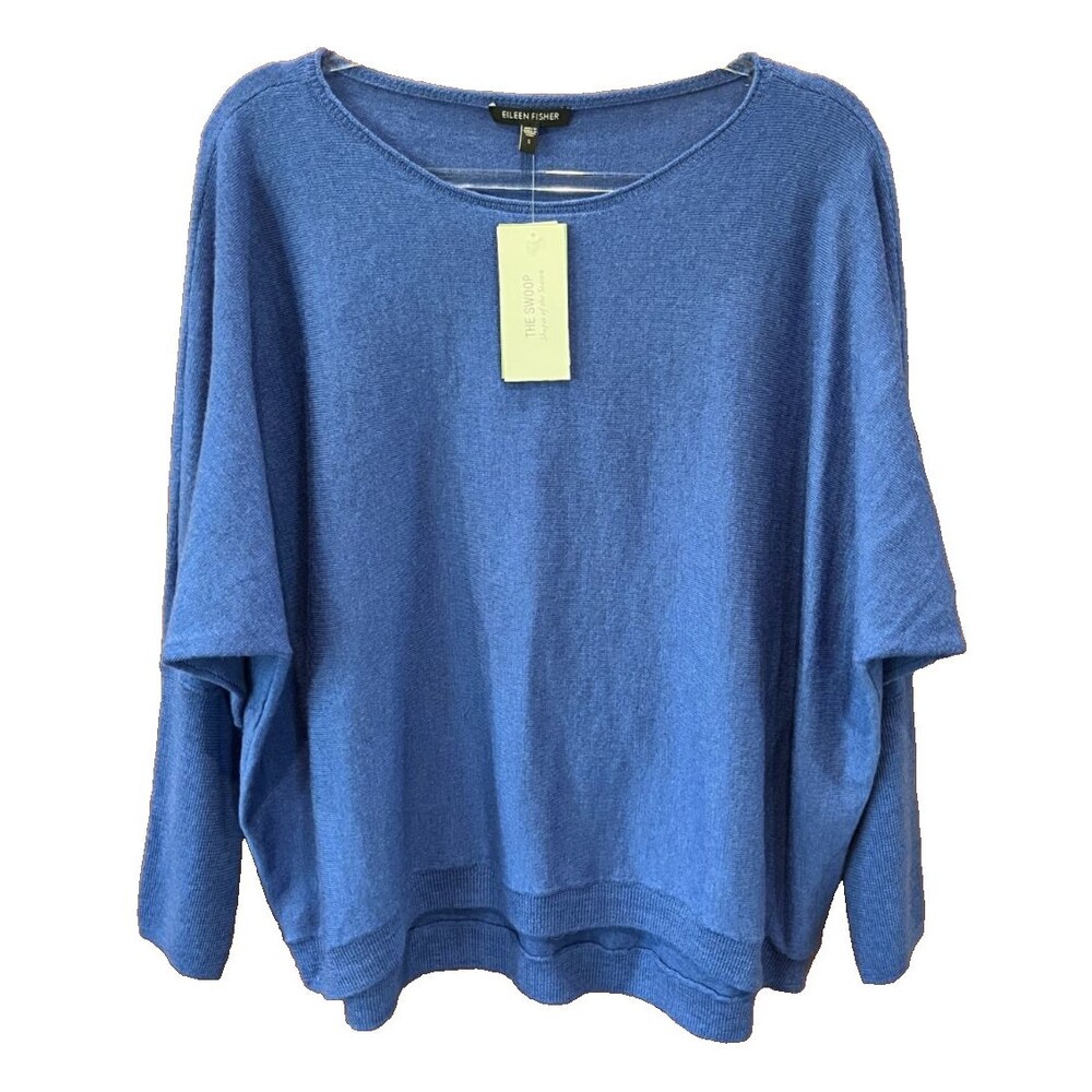 Eileen Fisher Bateau Neck Box Top Swoop Sweater Size S Womens NEW Blue Knit Wool